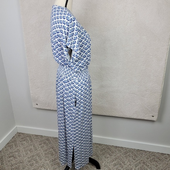 Boden Women's 8R Blue White Floral Smocked Waist Short Sleeve Coastal Midi Dre - Picture 5 of 10